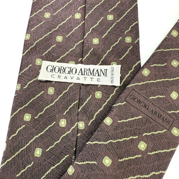 Vintage Giorgio Armani Cravatte All Silk Mens Tie Maroon Taupe Geometric Print - Picture 6 of 9